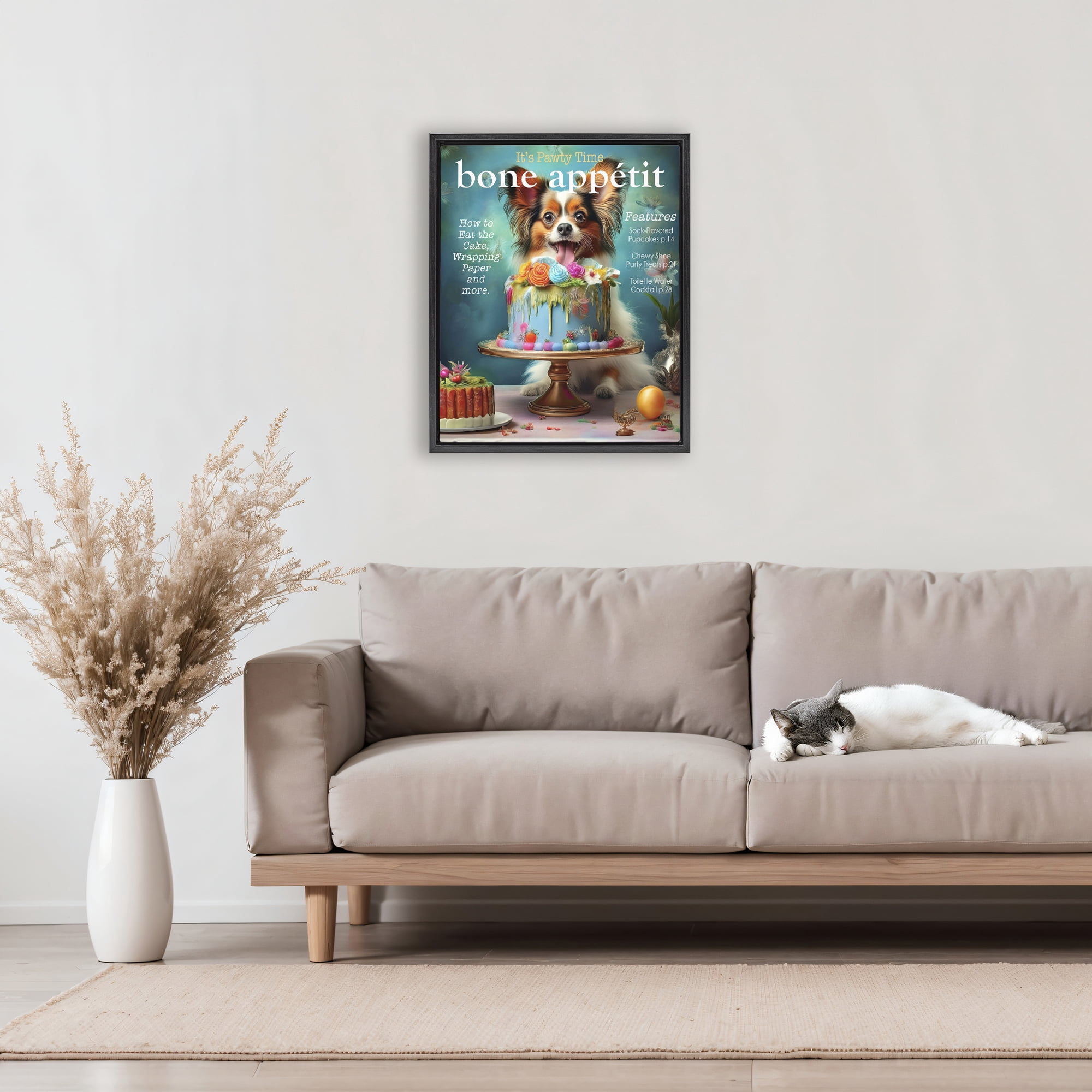 Stupell Industries Bone Appetit Dog Magazine Parody Black Framed Floater Canvas Wall Art, design by Grotto Studios