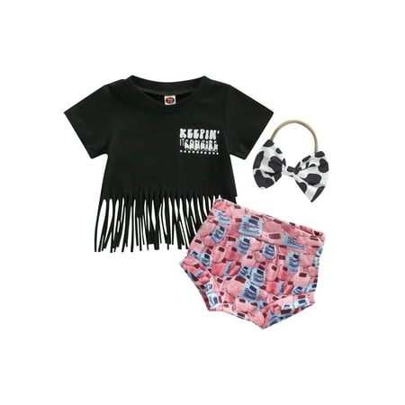 

ZIYIXIN 3Pcs Infant Baby Girls Clothes Letter Tassel Short Sleeve T Shirts+Printed Shorts + Headband Sets Black 18-24 Months