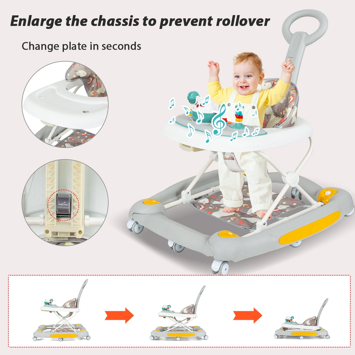 HAOUUCYIN Baby Walker, 6-in-1 Multi-functional Foldable Push Walker, 6-24 Months, Gray