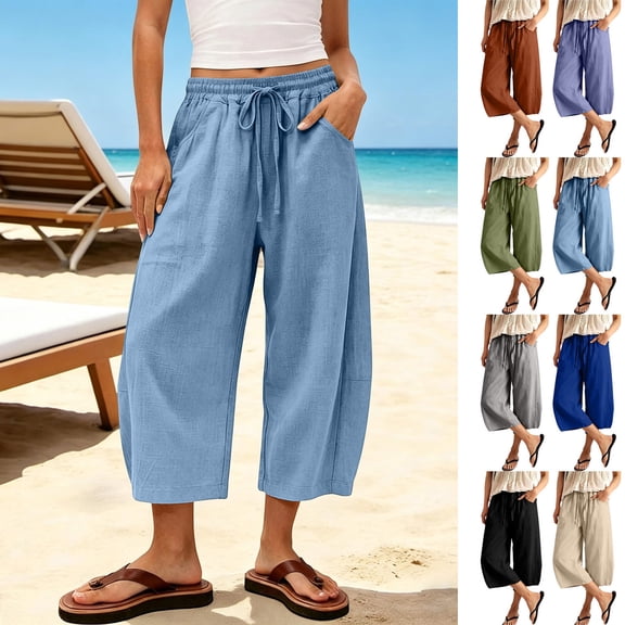 Sevevn Women Lightweight Linen Wide Leg Capri Pants Drawstring Elastic Waist Casual Cropped Culottes with Pockets Light Blue M