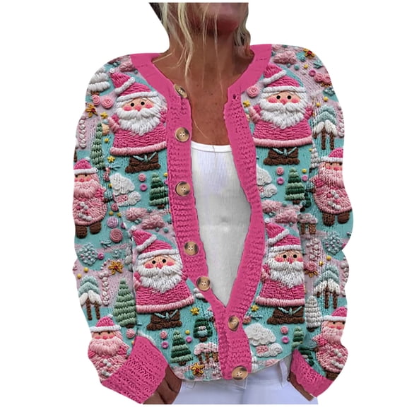 Penkiiy Christmas Sweaters for Women Ugly Funny Xmas Tree Print Button Up Cardigans Fall Winter Vintage Knitted Outerwear L Multicolor