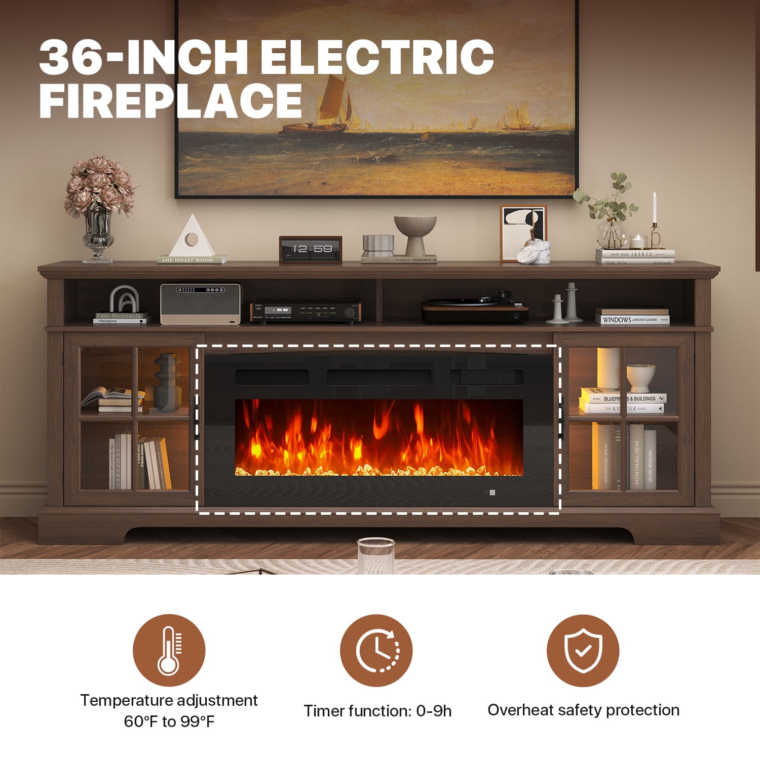 Sonegra Fireplace TV Stand, Farmhouse Entertainment Center for TVs Up to 81”, TV Console with Storage Cabinets, Media Console for Living Room, Brown