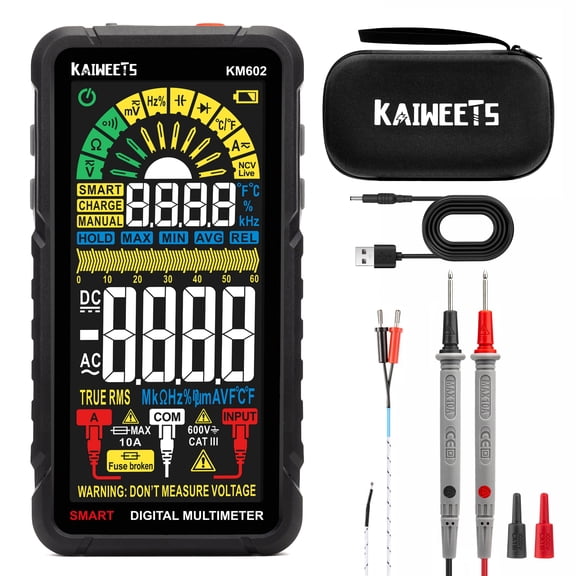 KAIWEETS Smart Multimeter Rechargeable Electrical Tester with Auto Ranging Digital Voltmeter Measures Voltage Current Resistance Continuity Capacitance Temperature Frequency NCV 6000 Counts TRMS