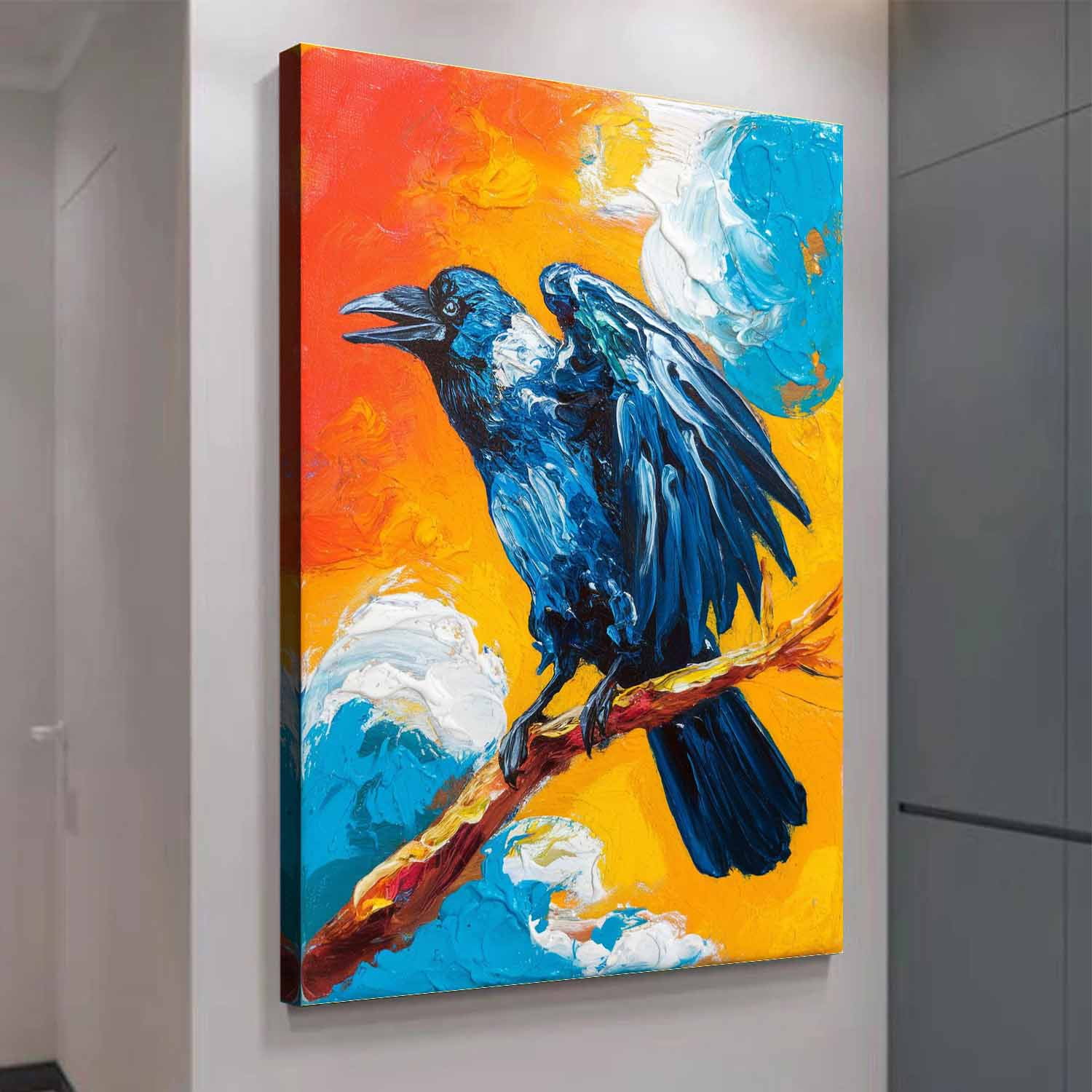 Vintage Abstract Blue Crow Canvas Wall Art Print for Bedroom