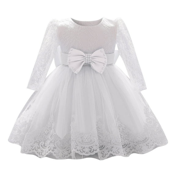 HNMKIU Baby Girls Ruffle Long Sleeve Lace Flower Dress Pageant Wedding Baptism Gown Special Occasion White,18-24 Months