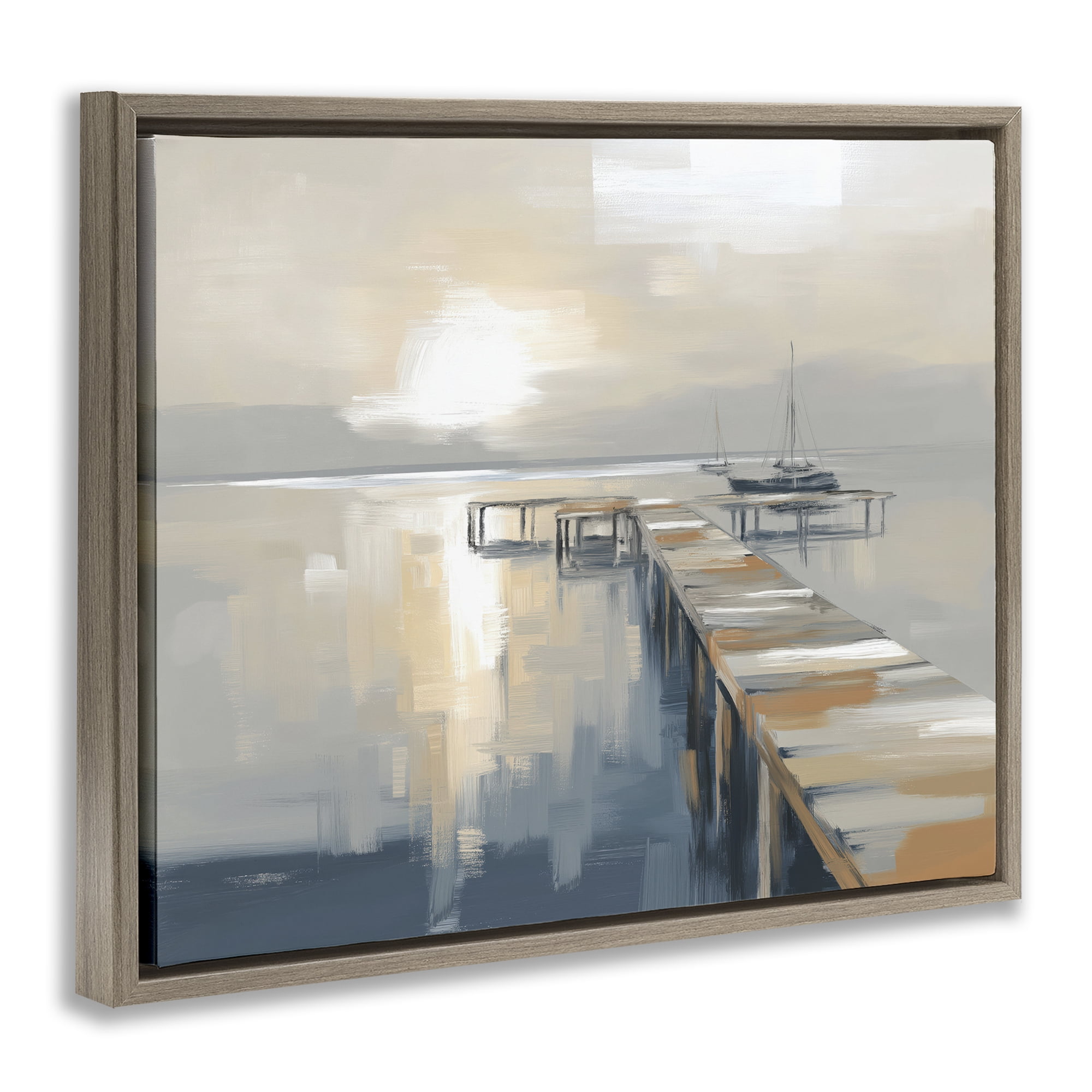 Stupell Industries Pier with Sailboat Seascape Brown Framed Floater Canvas Wall Art, design by Kim Curinga
