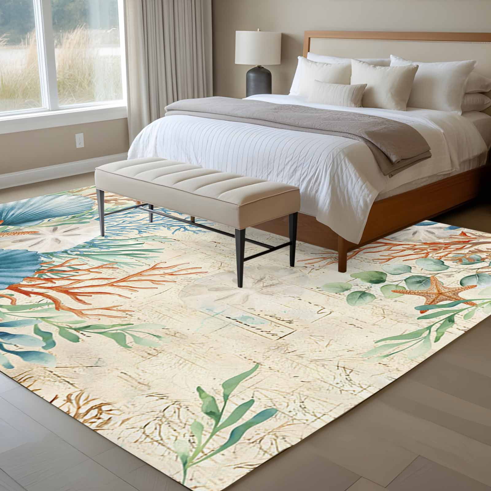 5'x7' Area Rugs for Living Room Bedroom, Beige Beach Coastal Washable Rug Carpet Runner Indoor Outdoor, Summer Nautical Coral Shell Botanical Non Slip Floor Mats Area Rug for Kitchen, Nursery
