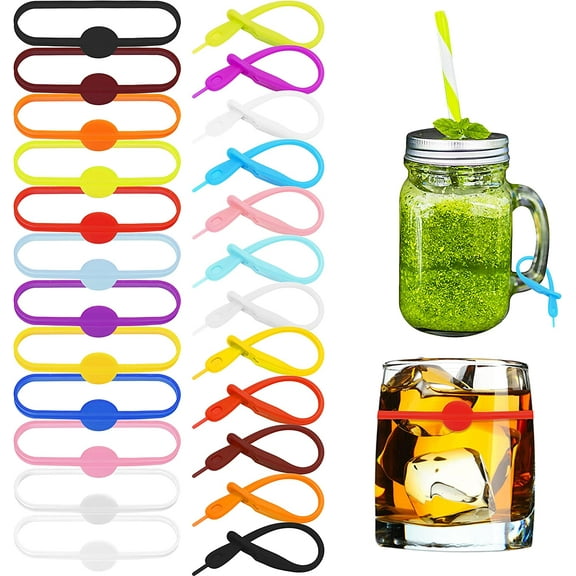 cauyuan 24Pcs Silicone Drink Marker Bands Bottle Strip Tag for Bar Party Martinis Cocktail Champagne Stem Glasses