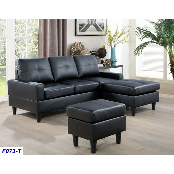 AYCP Furniture Small 3 Seats L Shape Simple Sectional Sofa Couch Set with Ottoman, Left and Right Swap, Faux Leather Upholstery Material, Black Color, 35.8'' H x 78.4'' W x 59'' D