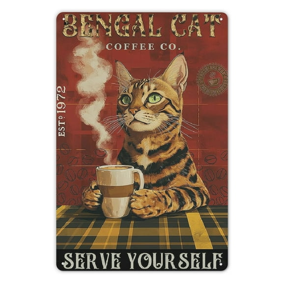 Bengal Cat Coffee Metal Sign Vintage Coffee Tin Sign Cat Metal Sign Funny Wall Decoration Home Wall Art Decoration Retro Metal Tin Sign 8x12inch Metal