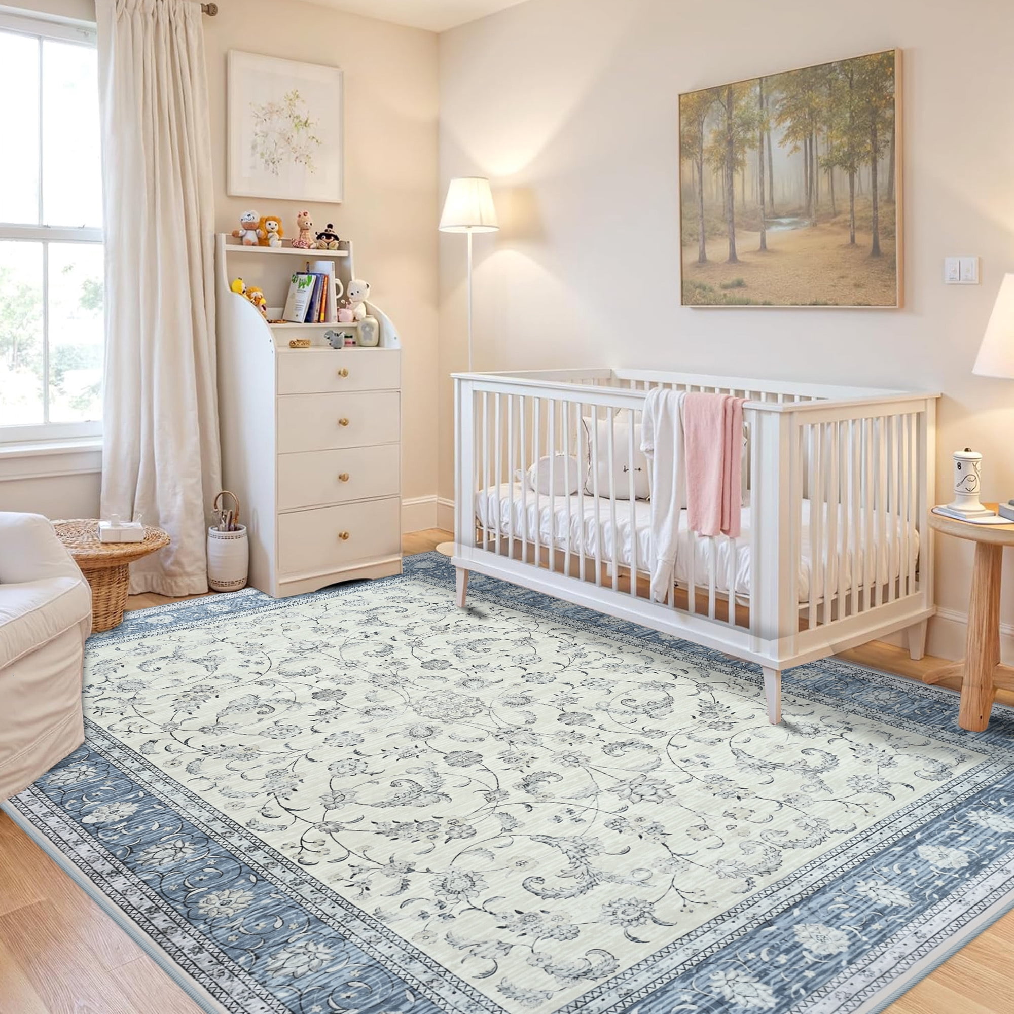 Astorug 5x8 Ft Light Blue Floral Area Rug - Machine Washable Low Pile Non-Slip Carpet, Boho Vintage Farmhouse Decor for Living Room, Bedroom, Nursery & Office