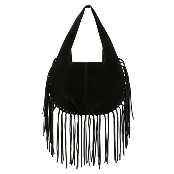 HDE Women's Faux Suede Leather Bag Fringe Tassel Shoulder Purse Black
