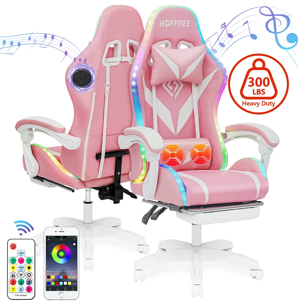 Hoffree Pink Gaming Chair with Bluetooth Speakers Office Chair
