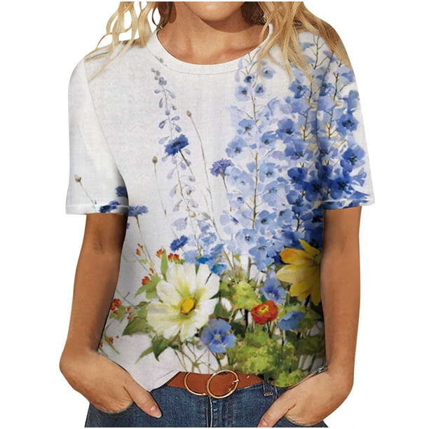 Blusa de manga corta con cuello redondo y estampado informal para mujer Fridja hjk5992