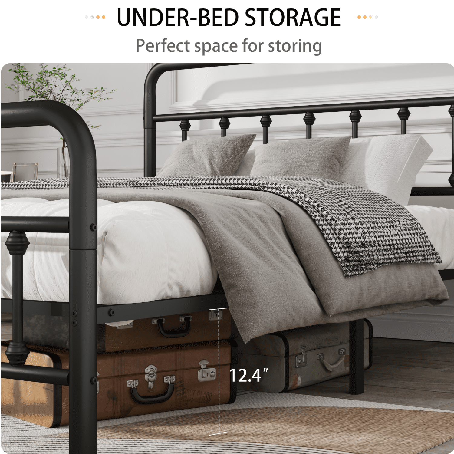 Youmumeub Queen Size Metal Platform Bed Frame with Headboard, Reinforced Sturdy Structure, Noise-Free, Ample Under Bed Storage, No Box Spring Needed, Black