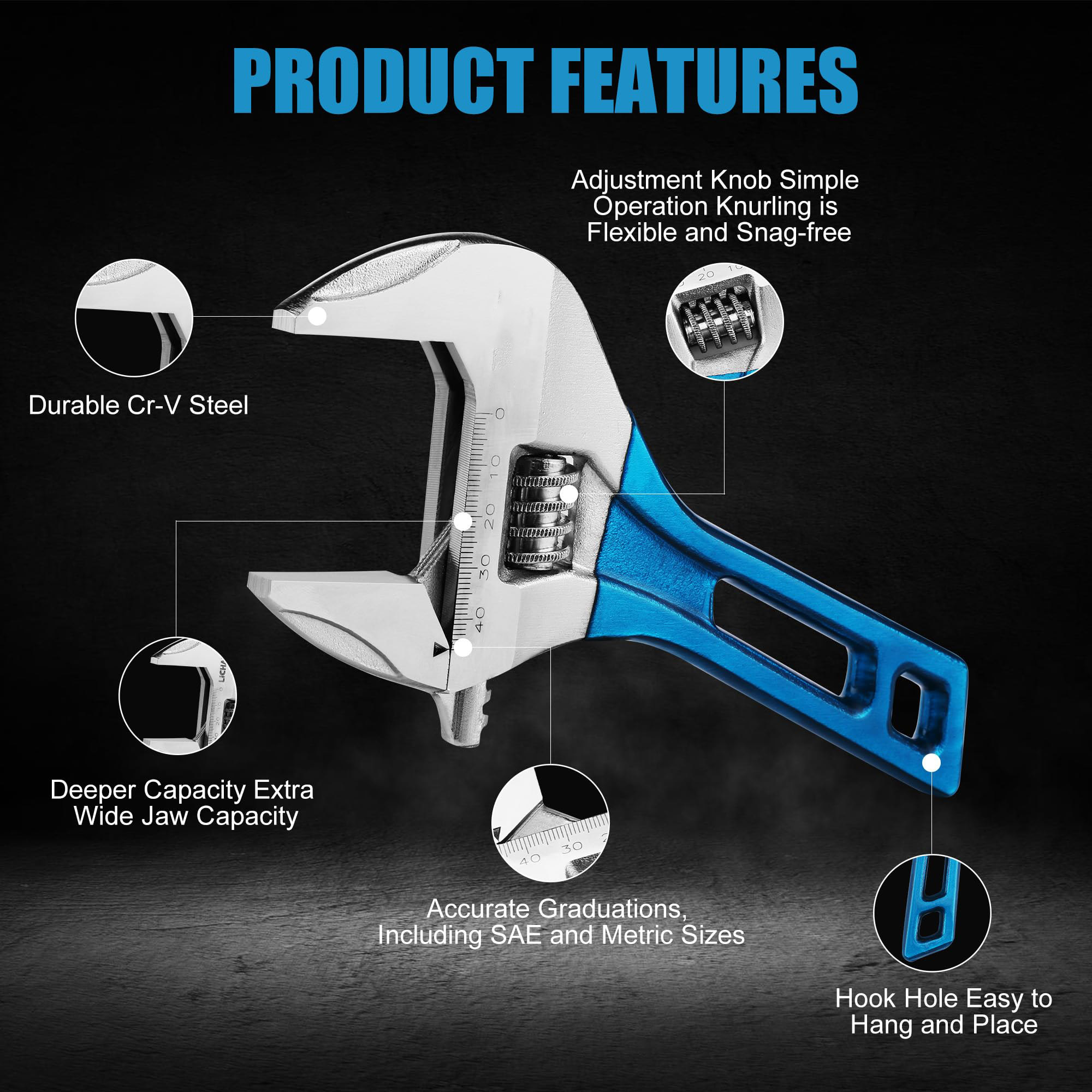 8 Inch Stubby Adjustable Wrench with 44 mm Wide Jaw Opening for Plumbing Automotive and Industry Tight Spaces Work