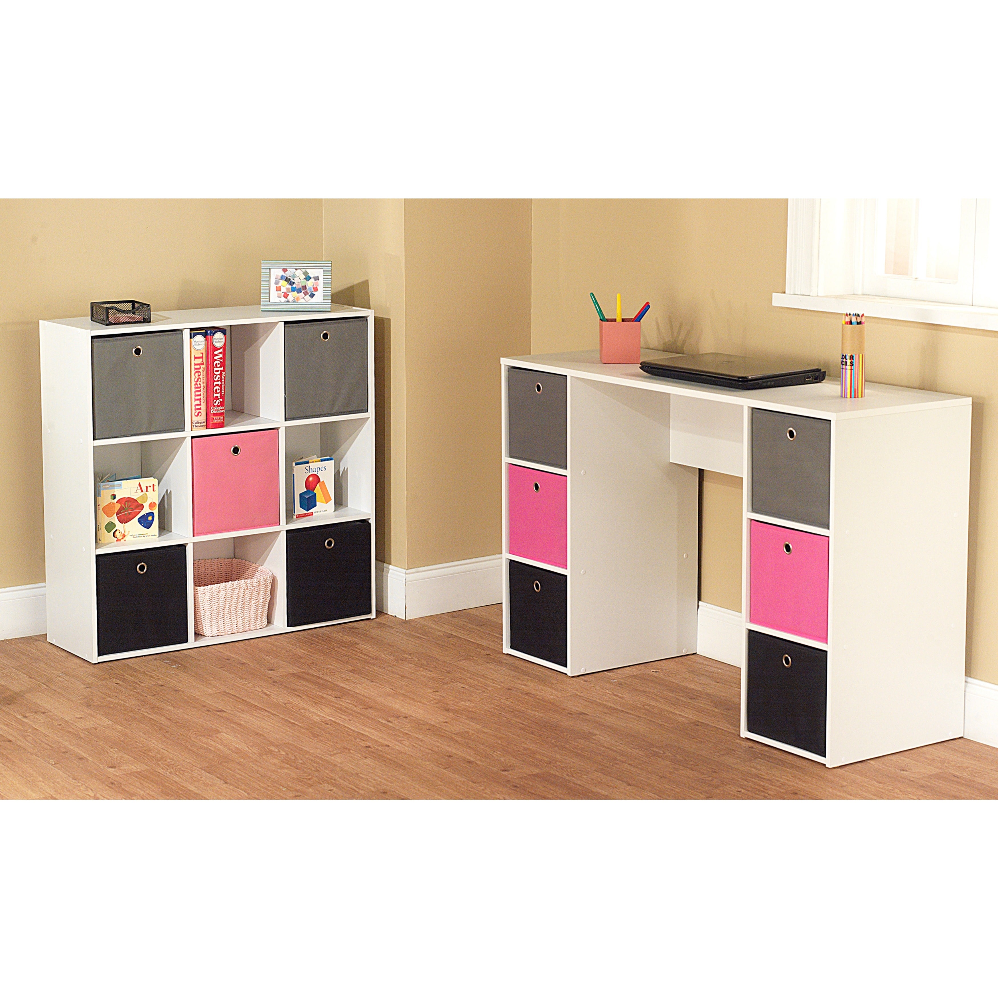 Kids Desk with Six Fabric Storage Bins, Multiple Colors 