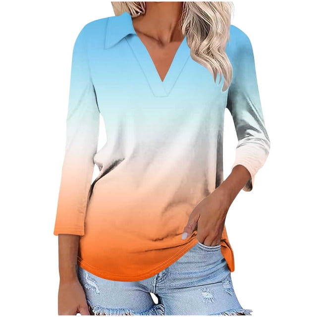 Swstbby Liquidation d'Économies d'Automne! Hauts d'Automne pour Femmes Grande Taille, T-shirt Imprimé pour Femme Col en V à Revers Haut à Manches 3/4 Orange TG