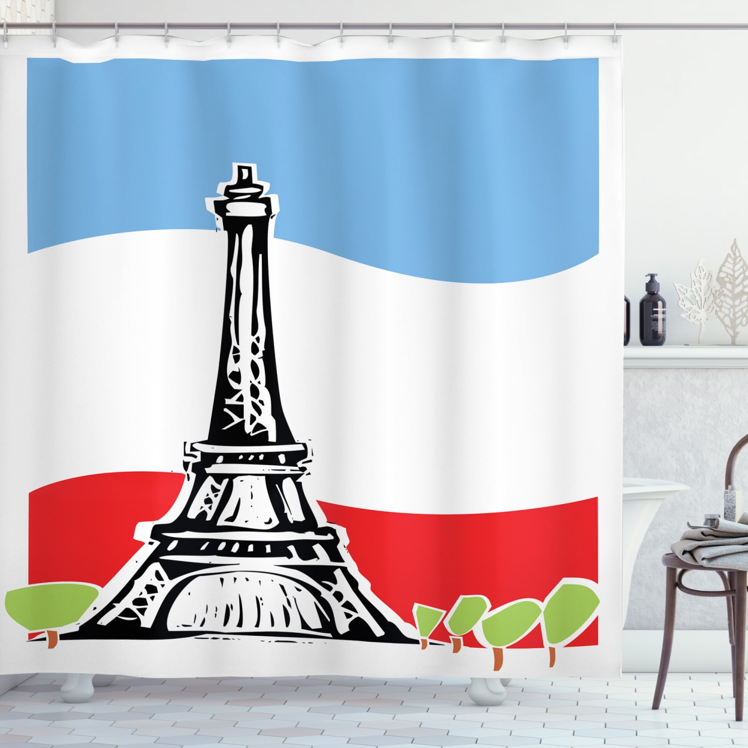 Eiffel Tower Shower Curtain, Digital Silhouette in Paris, Fabric Bathroom Set with Hooks, 69W X