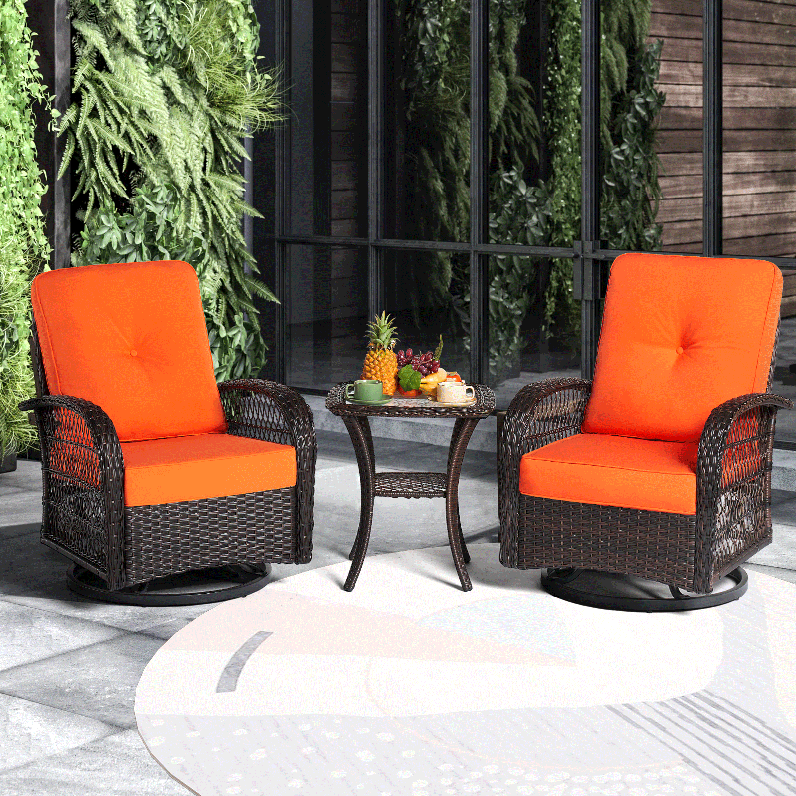 Sunmthink 3 Piece Outdoor Wicker Swivel Chair Conversation Set, 360