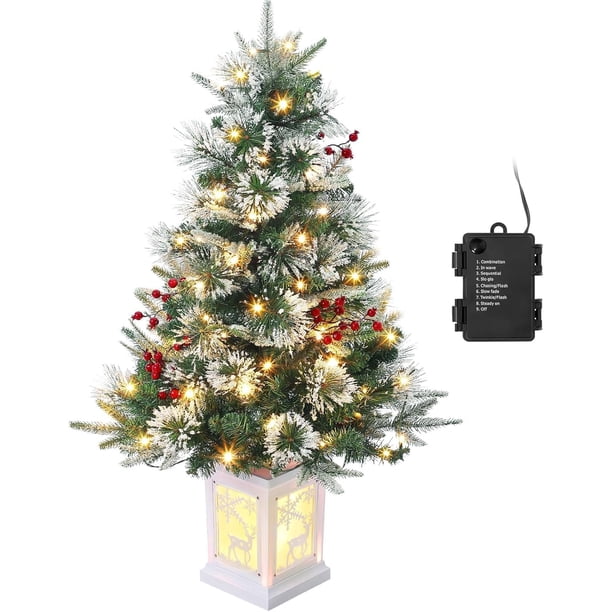 3 ft pre-lit artificial christmas tree con 78 blanca leds, red berries, snow-flocked tips, deer lightbox, y pot base - easy installation para festive mesa decor