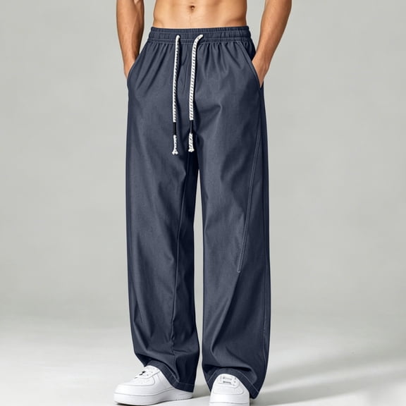 Workout Pants for Men Elastic Waist Drawstring Lightweight Wide Leg Pants with Pockets Loose Straight Split Casual Outdoor Trousers Hiking Travel Outfits