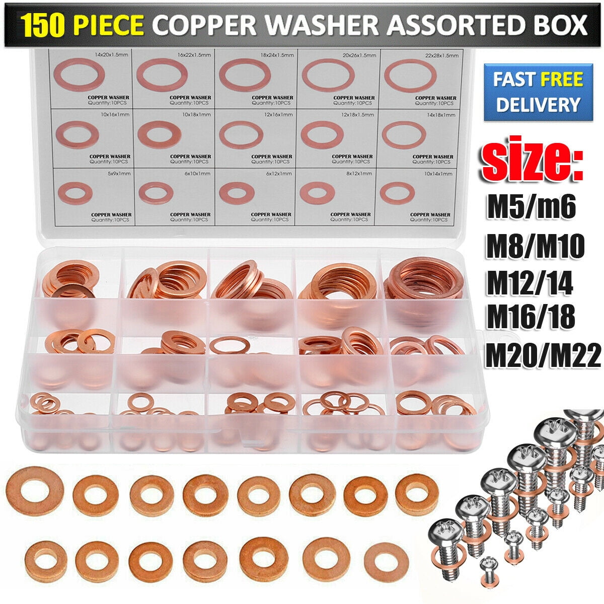200 PCS M5-M22 Copper Crush Washer Gasket Set Flat Ring Seal Assortment Kit 