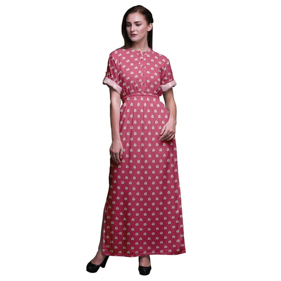 Bimba Rayon Rose Floral Ladies Long Gown Boho Beach Cocktail Party Maxi Slit Dress-Large