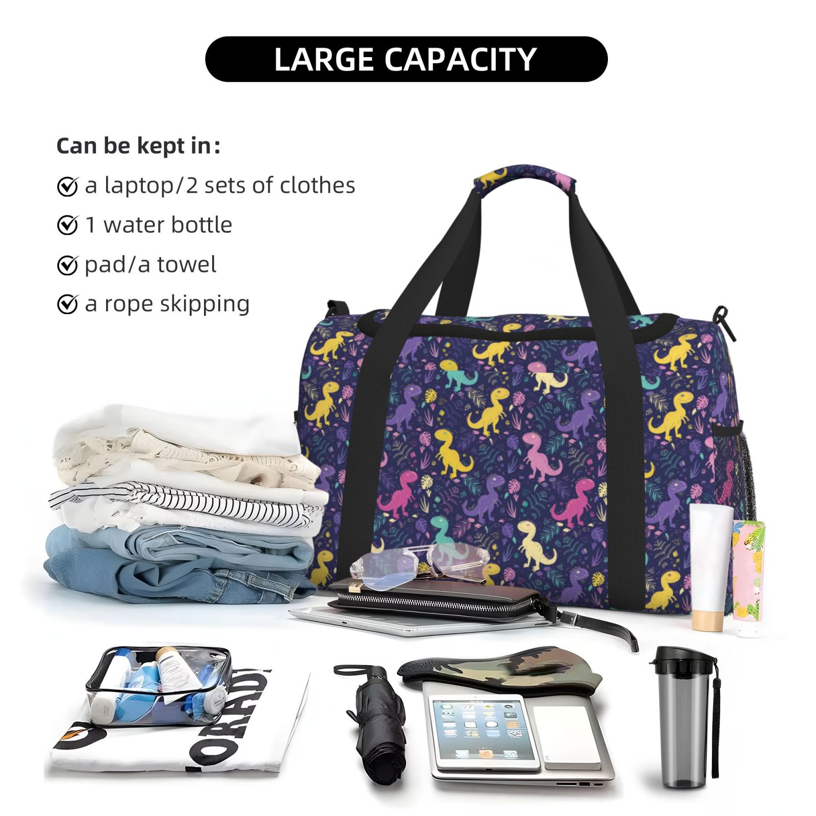 Fuzoiu Colorful Dinosaur Print Travel Duffle Bag,Carry On Tote Bags,Duffel Bag,Sport Gym Bag, Hospital Bag for Labor and Delivery, Overnight Bag,Luggage Bag