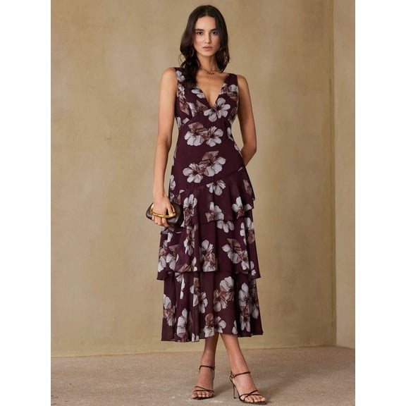 Multicolor Floral Print V-Neck Sleeveless Ruffle Hem Maxi Dress, Lightweight Chiffon, Slimming Waist, Elegant Romantic Style