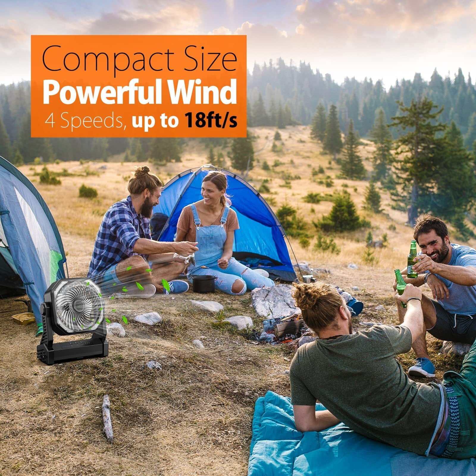 20000mAh Battery Powered Fan, Portable Rechargeable Desktop/Camping Fan with Light and Hook, 270° Rotation 4 Speed ​​Battery Powered Outdoor Fan for Tent, Car Travel, Sleeping, Hurricane,