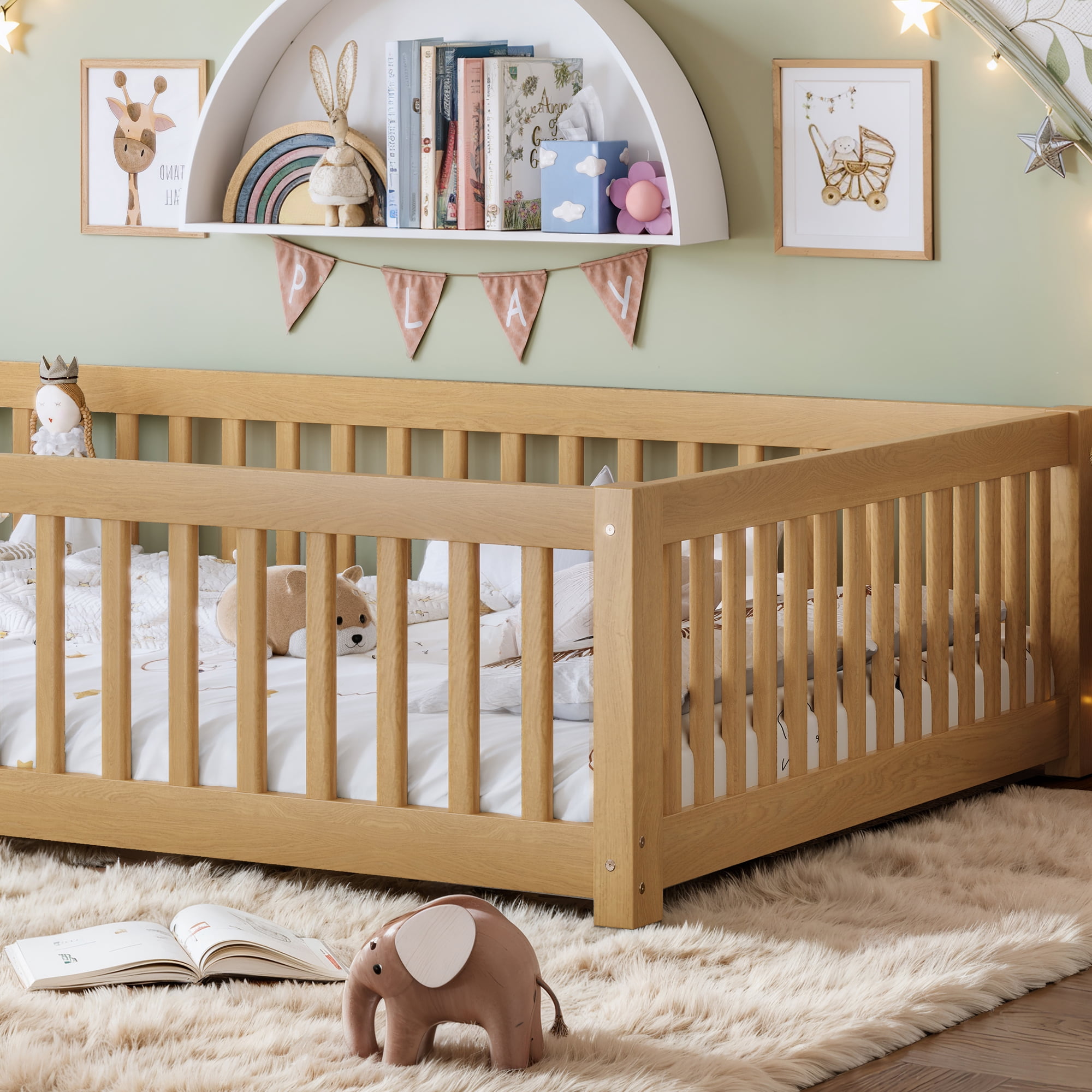 Queen Floor Bed 82.6 Inch, Solid Wood Bed Frame with Safety Guardrails and Door, Low Profile Montessori Bed for Kids Bedroom, Natural