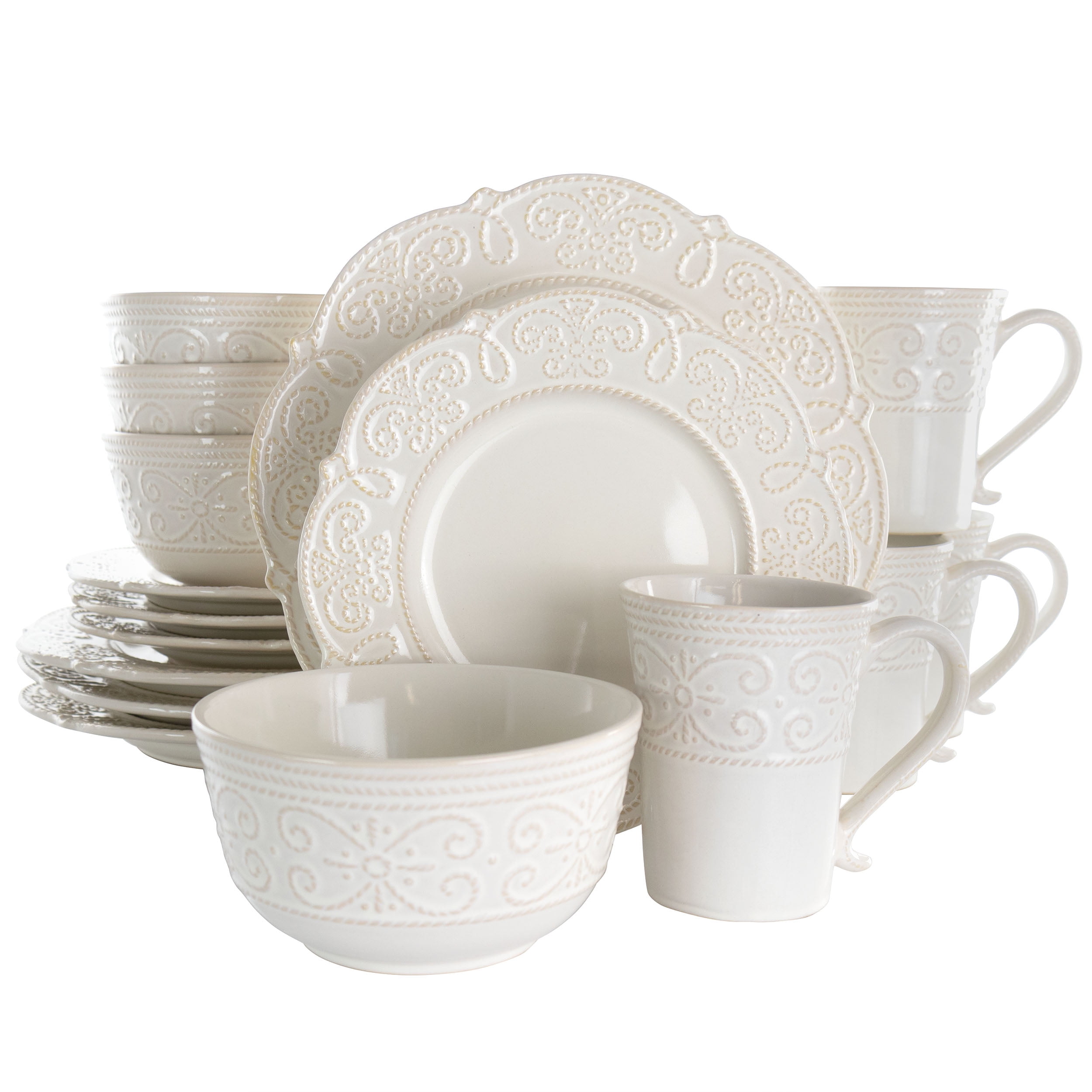 Elama Luna 16 Piece Embossed Scalloped Stoneware Dinnerware Set in