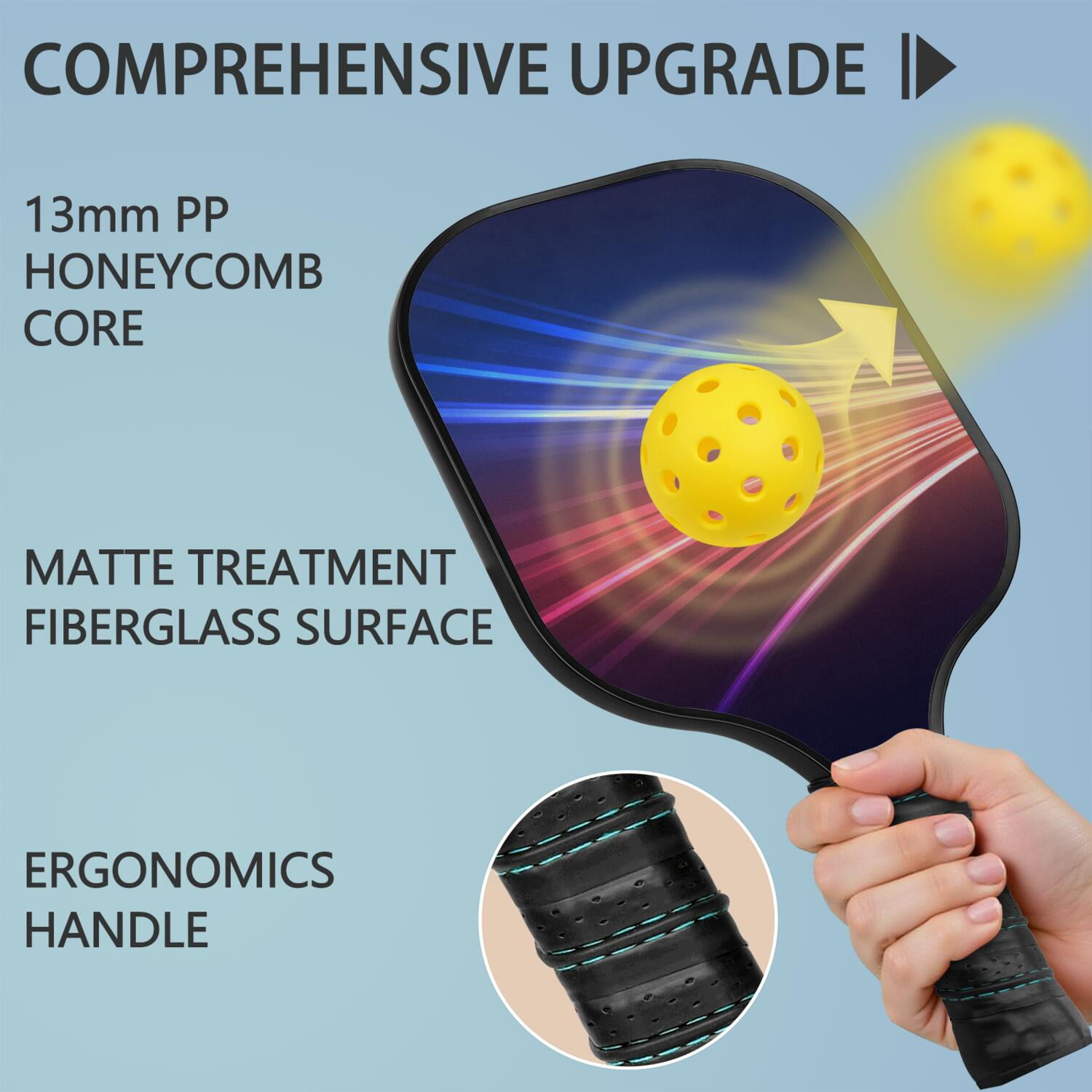 Pickleball Paddles Set Of 2, Fiberglass Surface, Thunder, Speed Print, 4 Balls & Bag