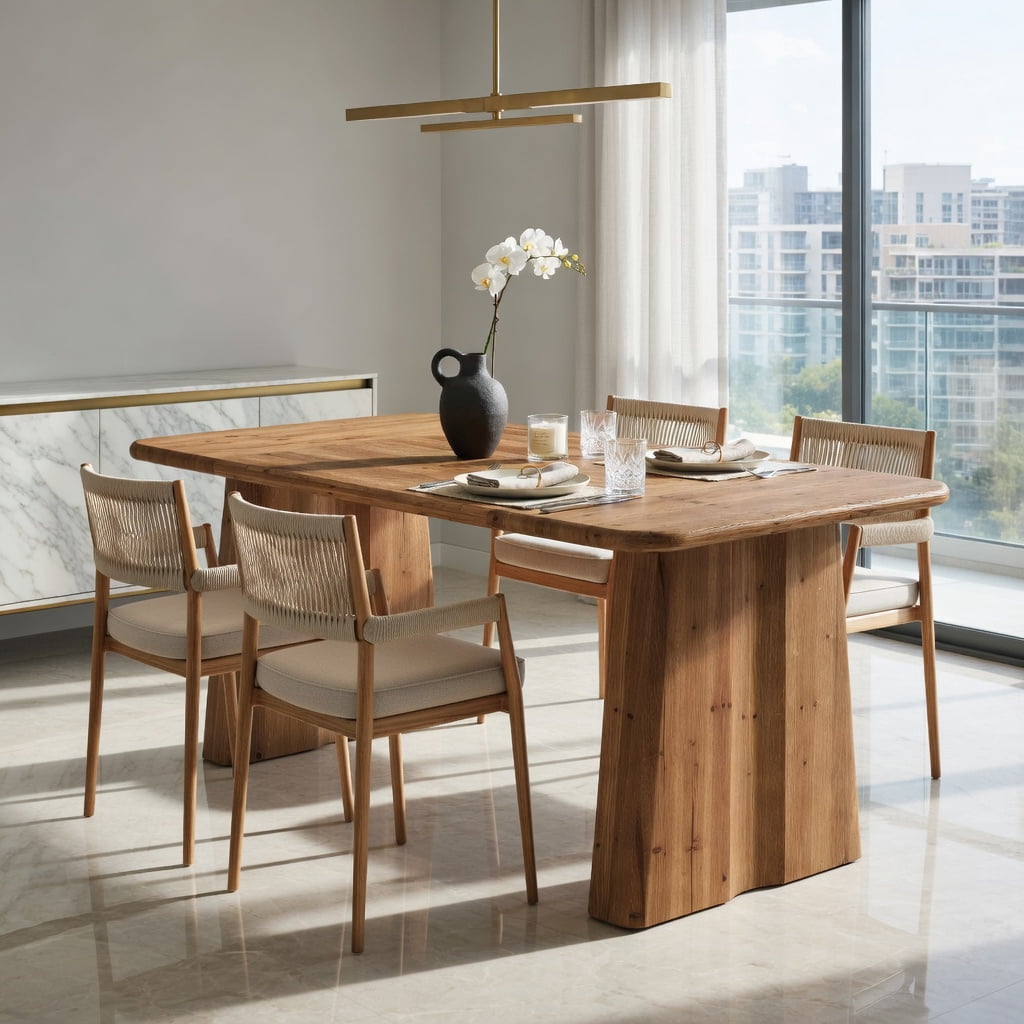 Hommoo 63 Inch Solid Wood Rectangular Dining Table with Double Pedestal Base, Rustic Vintage Kitchen & Home Office Desk, Child-Safe Rounded Edges, Natural