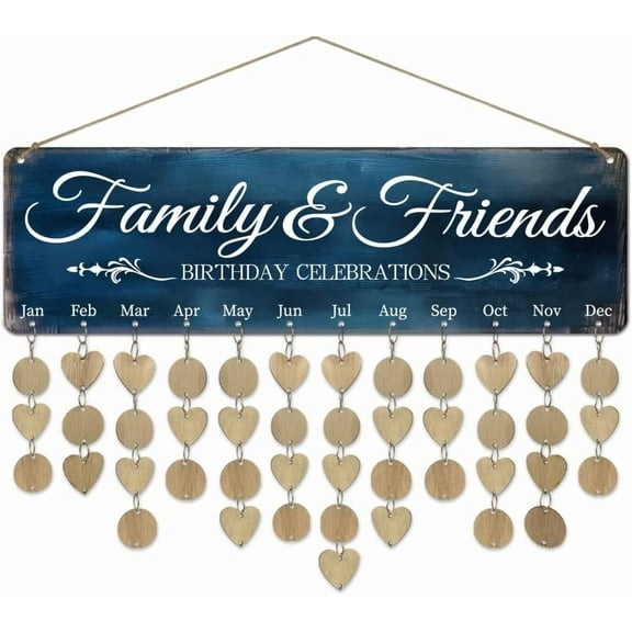1 Set Wooden Family Birthday Reminder Calendar Board Prussian Blue Friend Family Birthday Board With Tags DIY Birthday Tracker Hanging Plaque 12x40cm/4.7x15.5inch