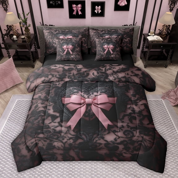 Feelyou Princess Kawaii Bow Twin Bedding Sets 7-Piece for Kids, Black Pink Bowknot Bedding Comforter Set, Modern Fashion Style Reversible Sheet Sets, Lightweight Room Decor