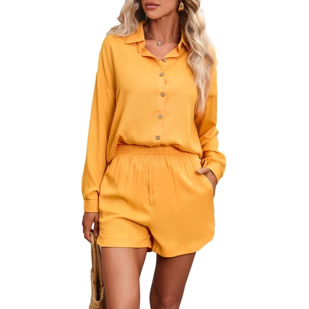 VISgogo, pantalones cortos para mujer, traje de ocio, estampado a la moda/color sólido, manga larga, camisa de un solo pecho, pantalones cortos con cintura elástica VISgogo moda