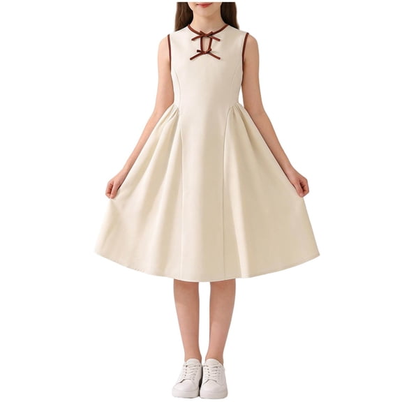 Girls' Sleeveless Dress Party School Casual Pleated Swing Dresses Summer Clothes Girl 8-13 Years (11-12 Years, Beige)