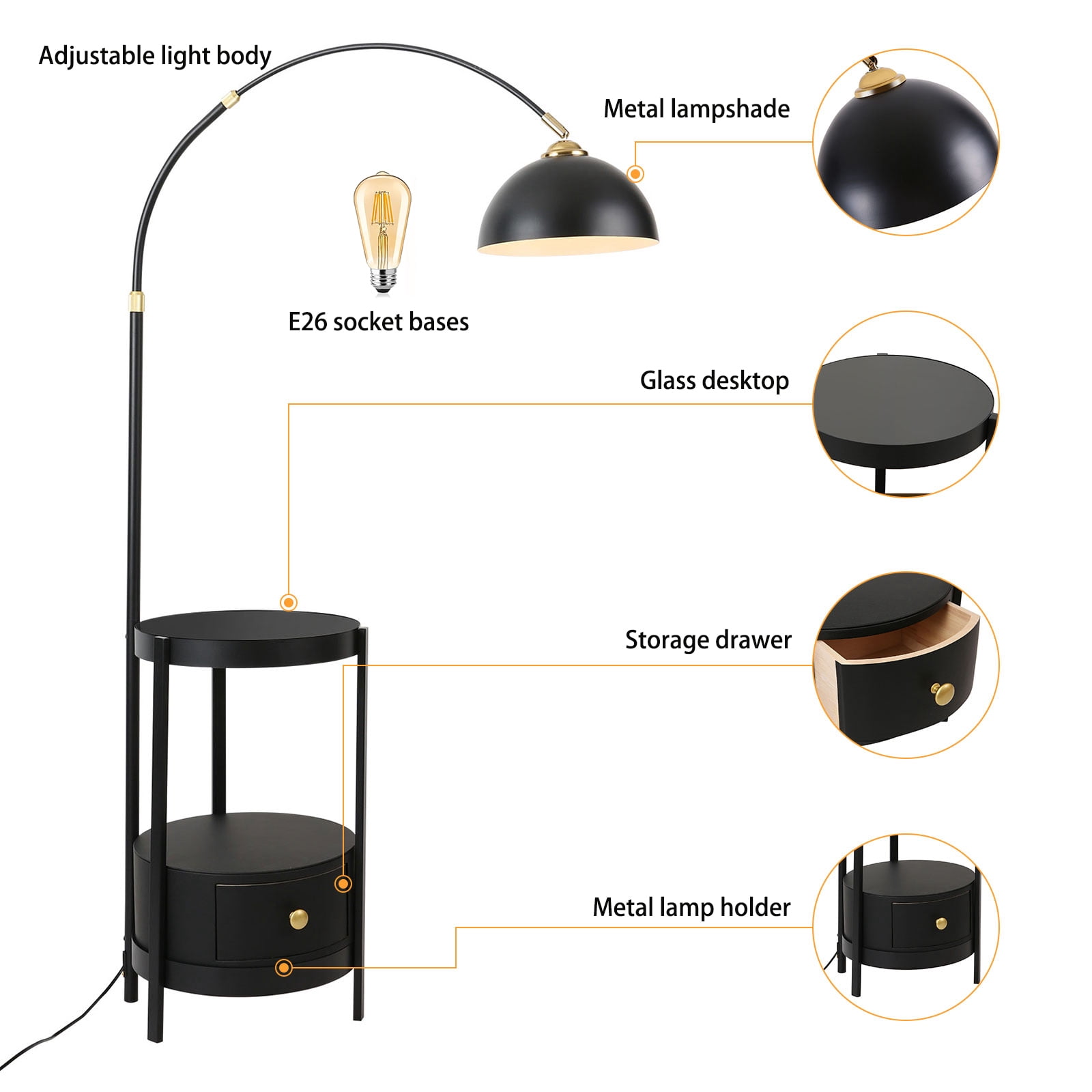 Wildnix Black and Gold Floor Lamp with Round Table, Modern Arched Design, E26 Bulb Support, Foot Switch, Ideal for Living Room & Bedroom