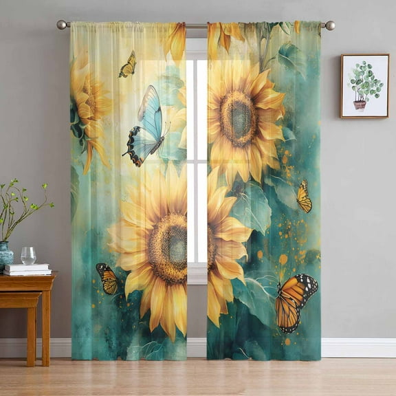 Yellow Sunflower Butterfly Semi Sheer Curtains 72 Inch Length 2 Panels Set, Teal Leaves Retro Abstract Sheer Kitchen Curtain Privacy Voile Window Curtain for Living Room Bedroom Rod Pocket Drapes