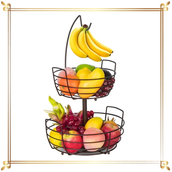 Auledio 2-Tier Metal Fruit Basket Bowl with Banana Hanger, Detachable Basket for Kitchen Countertop in Bronze