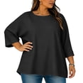 thumbnail image 2 of Women's Plus Size Tops 3/4 Length Sleeve Crew Neck T-Shirts 1X-5X Solid Color Loose Casual Summer Clothes (2XL, Black), 2 of 8