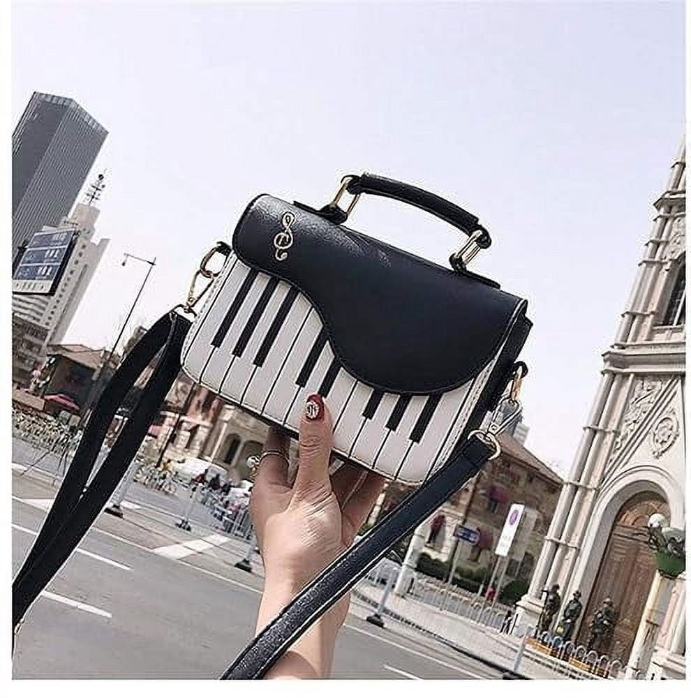 Piano Music Notes PU Leather Shoulder Tote Bag Purse Crossbody Handbag for Women Girls (Black), 14cm