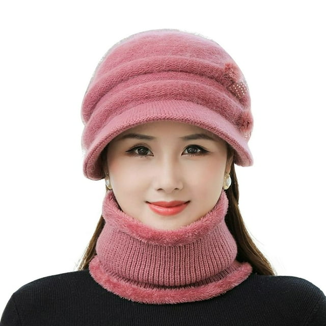 2Pcs/Set Short Brim Solid Color Ear Protection Hat Scarf Set Autumn Winter Women Knitted Plush Lining Cap Neckerchief Set