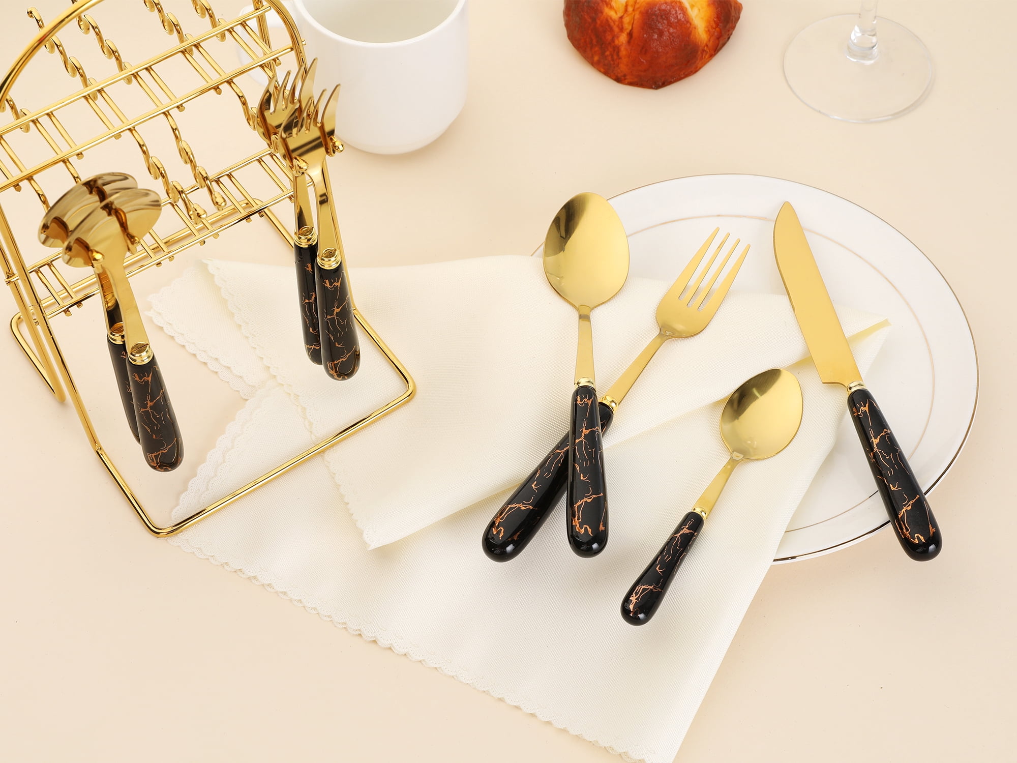 Unique Bargains 24 Pieces Stainless Steel Floral Flatware Set for 6 Black