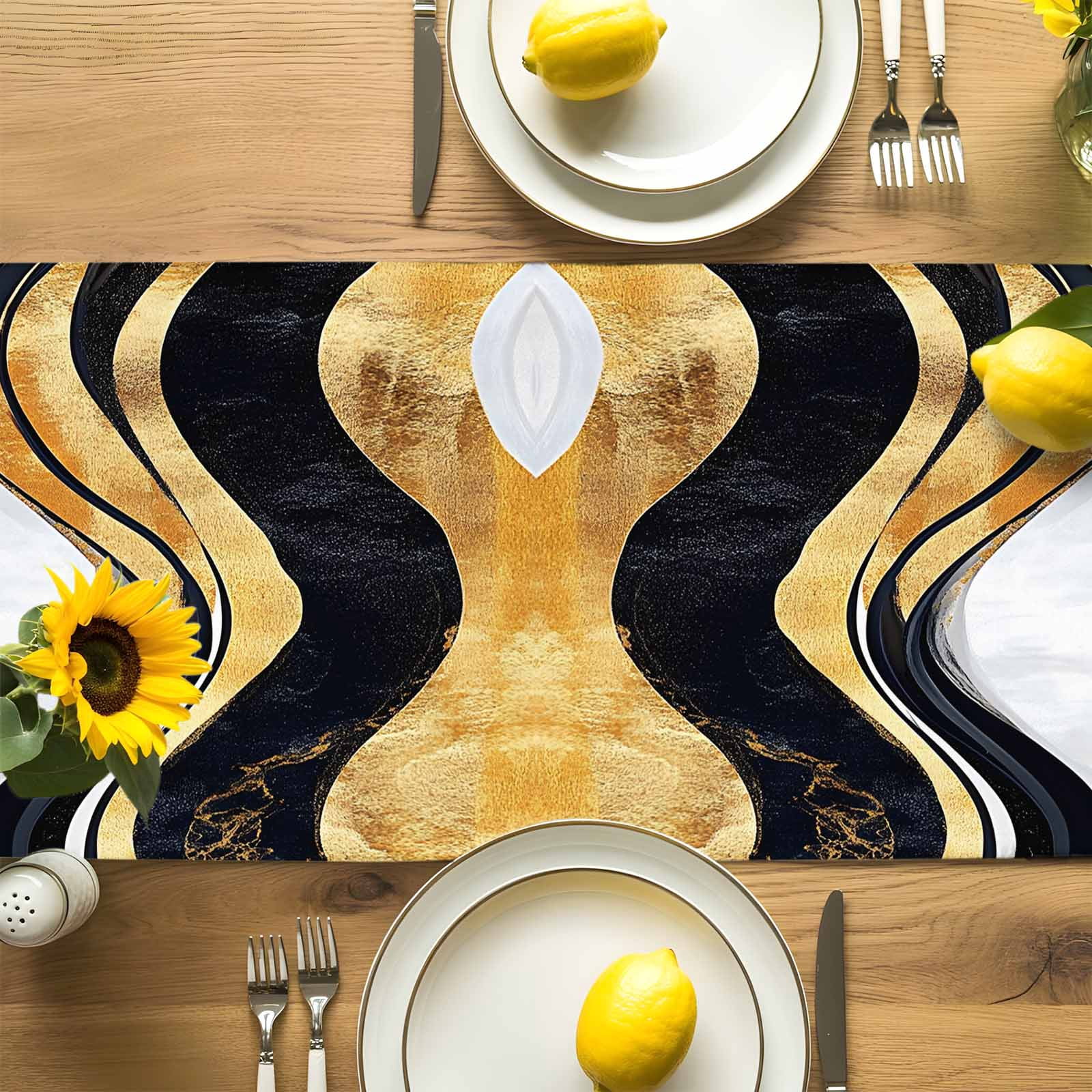 Table Runner Abstract Black White Gold Stripes Table Decoration for Kitchen Dinning Modern Table Decoration for Indoor Outdoor Party Wedding Decor 13x72inch