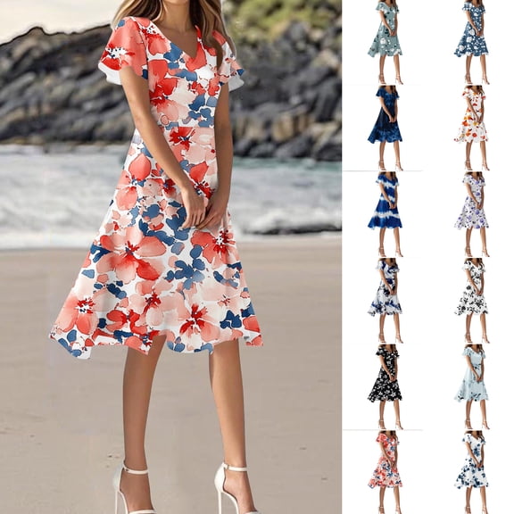 Smsaxvxz Women's Summer Dresses Fashion Floral Printed V Neck Short Sleeve Slim Waist Casual Flowy Hem Knee High Beach Vacation Sundress Red XL