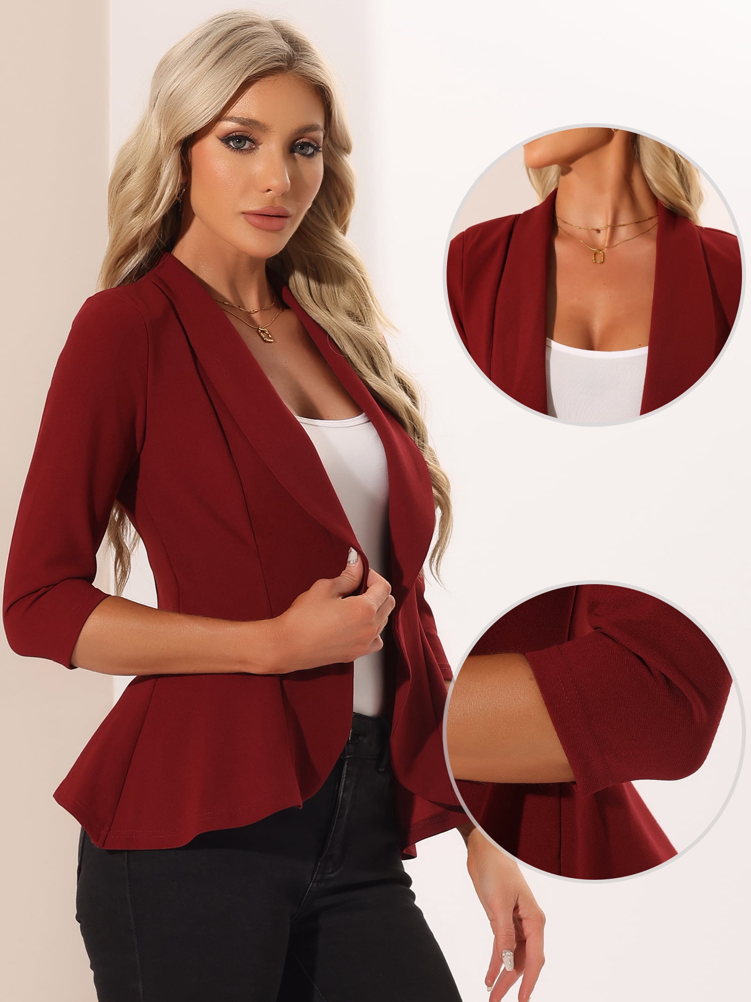 DARING DIVA Women's Draped Collar Open Front Blazer Ruffle Jacket L Red