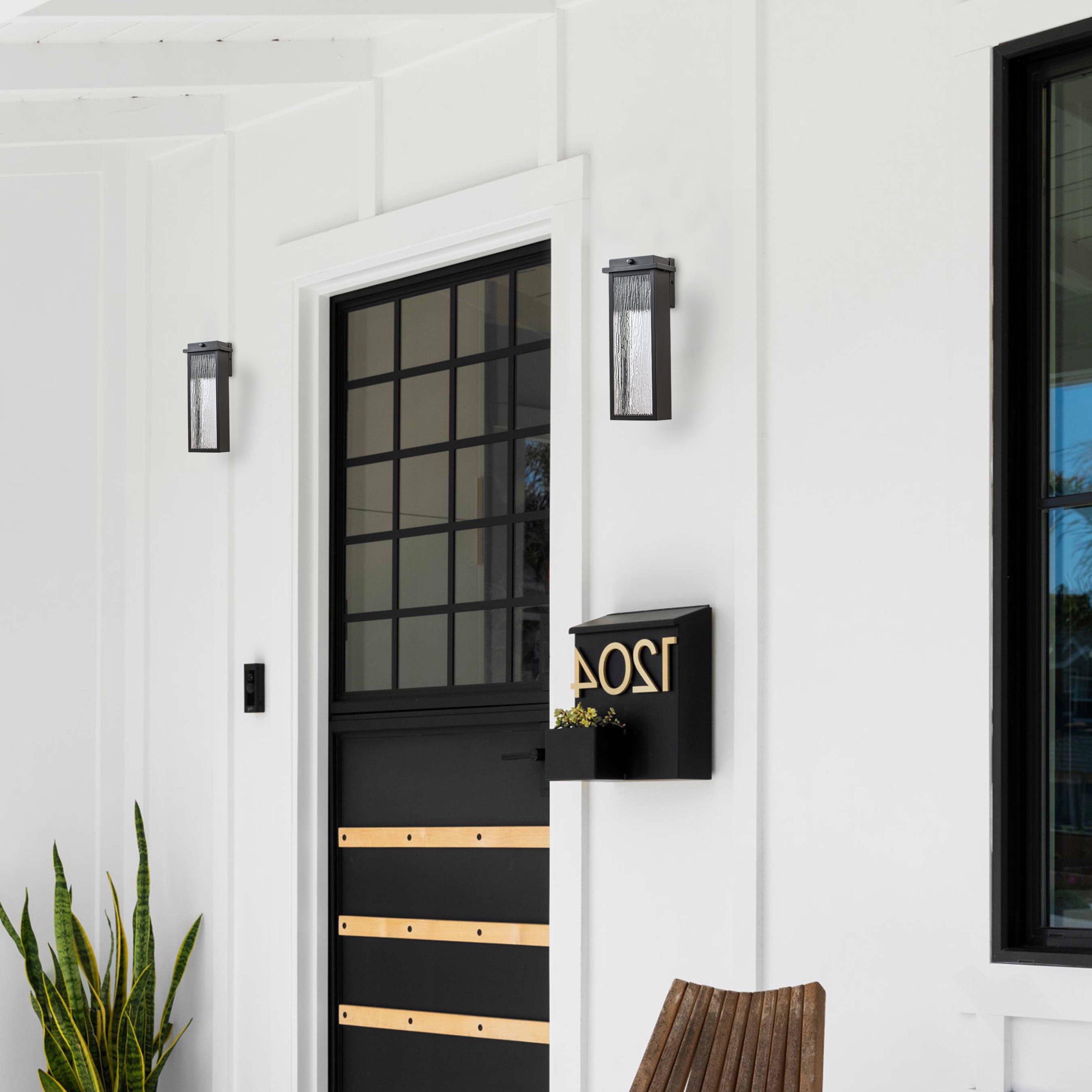 C Cattleya Matte Black Dusk to Dawn LED Outdoor Wall Light with Ripple Tempered Glass Shade(2-Pack)